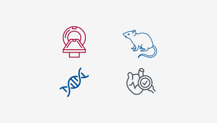 icons of MRI machine, mouse, DNA double helix, and heart