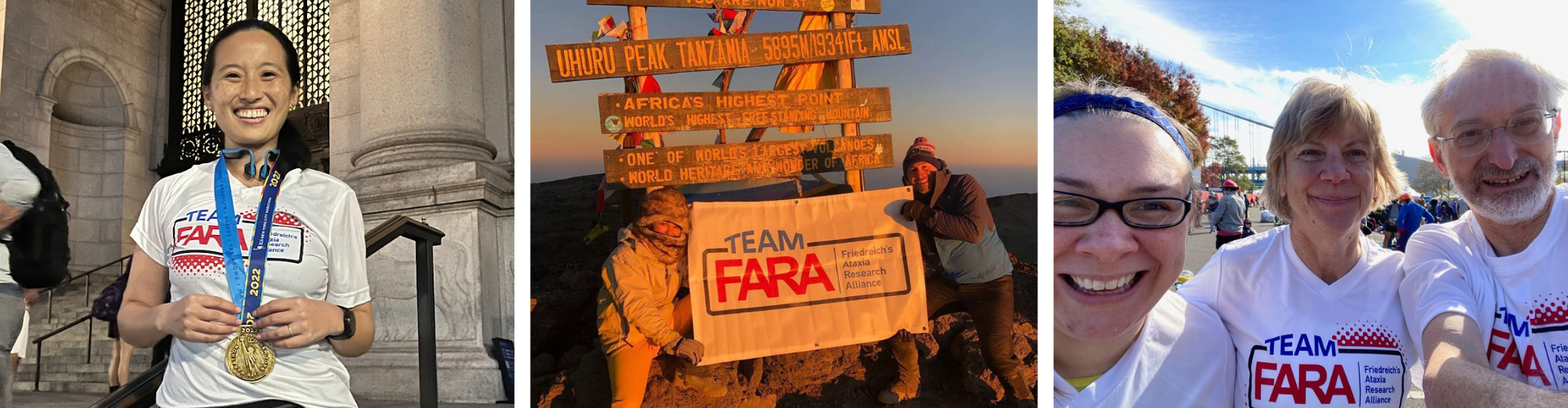 Three photos. A woman smiling wearing a medal. People holding a Team FARA sign. Three people smiling in Team FARA jerseys.