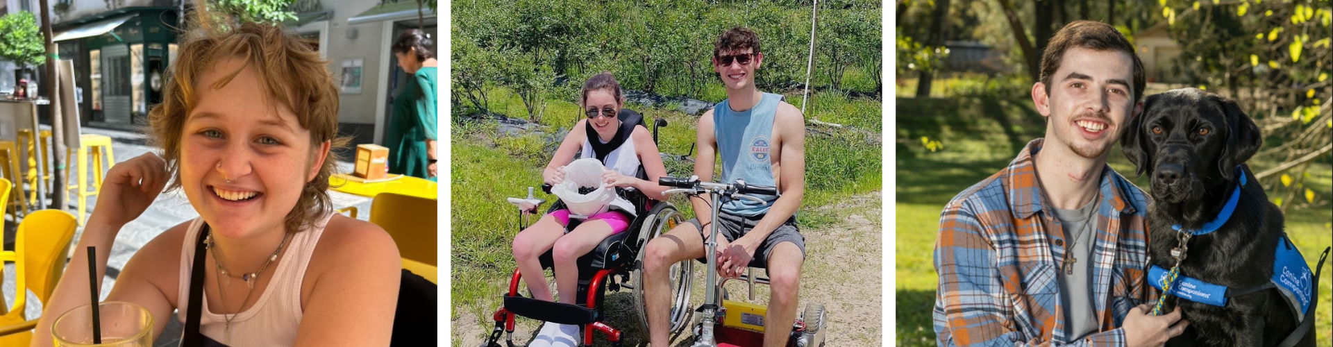 Three photos. A woman smiling. A woman sitting in a wheelchair next to a man sitting in a scooter. A man smiling with a dog.