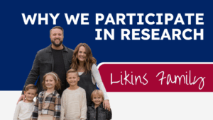 Why We Participate in Research: Likins Family. Photo of Likins Family (Marc and Maggie and four children)