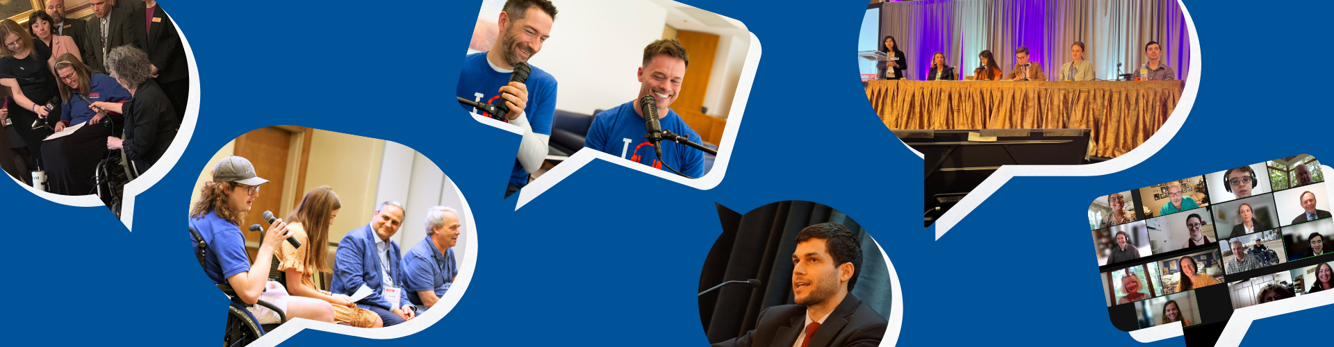 Photos of people speaking on panels, during zoom meetings, on podcasts, and at advocacy events.